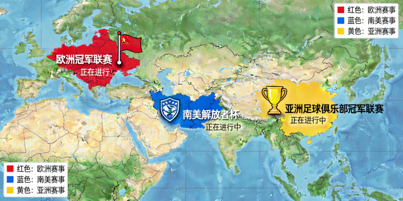 全球足球赛事地图，展示欧洲、南美、亚洲等地正在进行的比赛