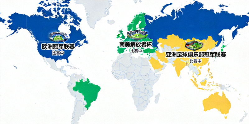 全球足球赛事地图，展示欧洲、南美、亚洲等地正在进行的比赛